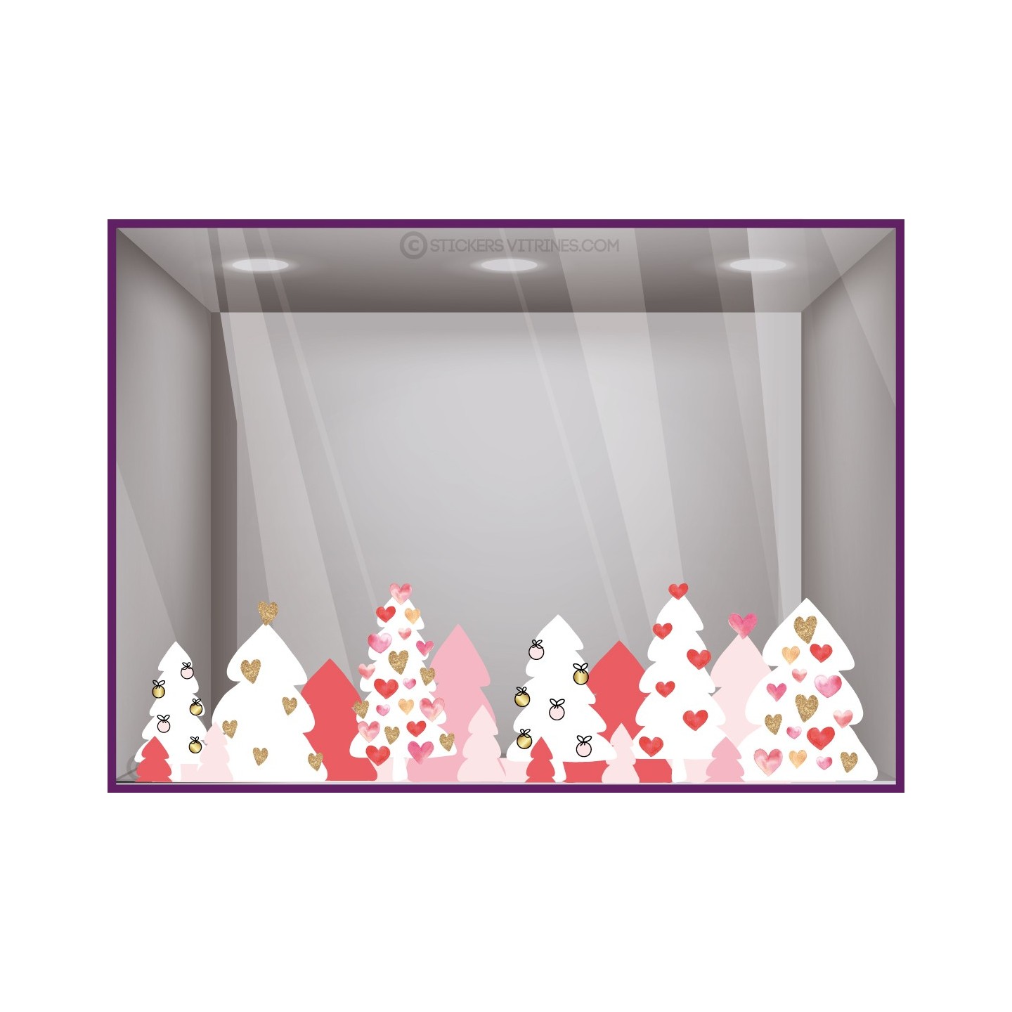 NOEL SAPINS COEUR CALICOT VITROPHANIE BOUTIQUE VITRINE MAGASIN BLANC ROSE FORET IDEE DECORATION