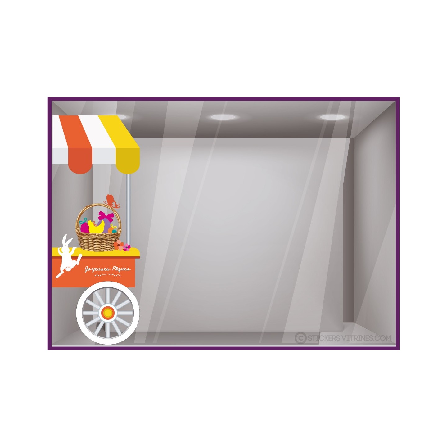 STICKER CHARIOT DE PAQUES LAPIN CHOCOLAT VITROPHANIE BOUTIQUE ADHESIF VITRINES