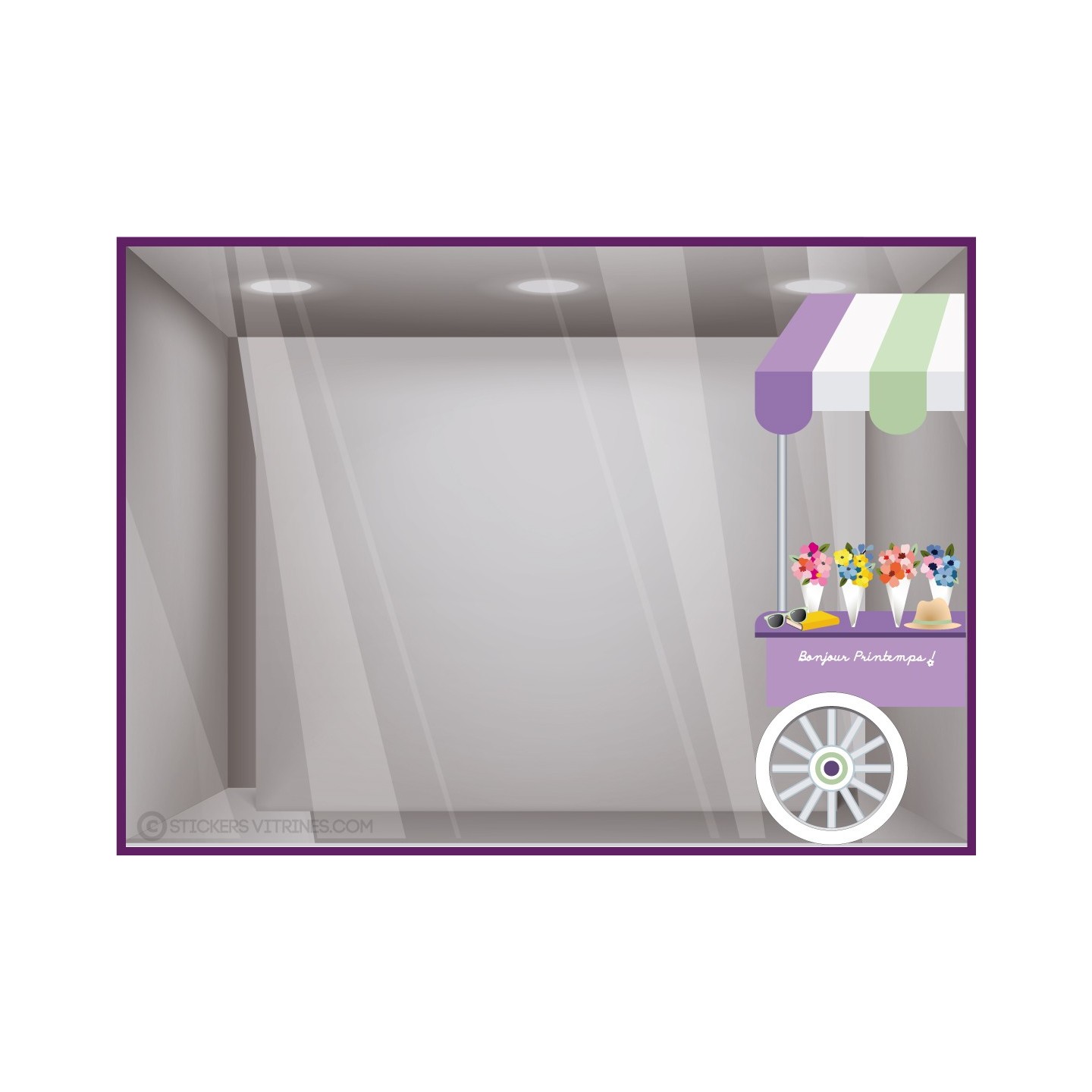 STICKER CHARIOT BONJOUR PRINTEMPS FLEURS VITROPHANIE BOUTIQUE ADHESIF VITRINES