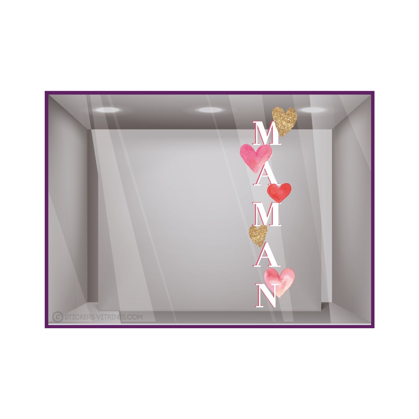 STICKER LETTRAGE VERTICAL MAMAN COEURS FETE DES MERES VITROPHANIE MAGASIN VITRINE DECORATION