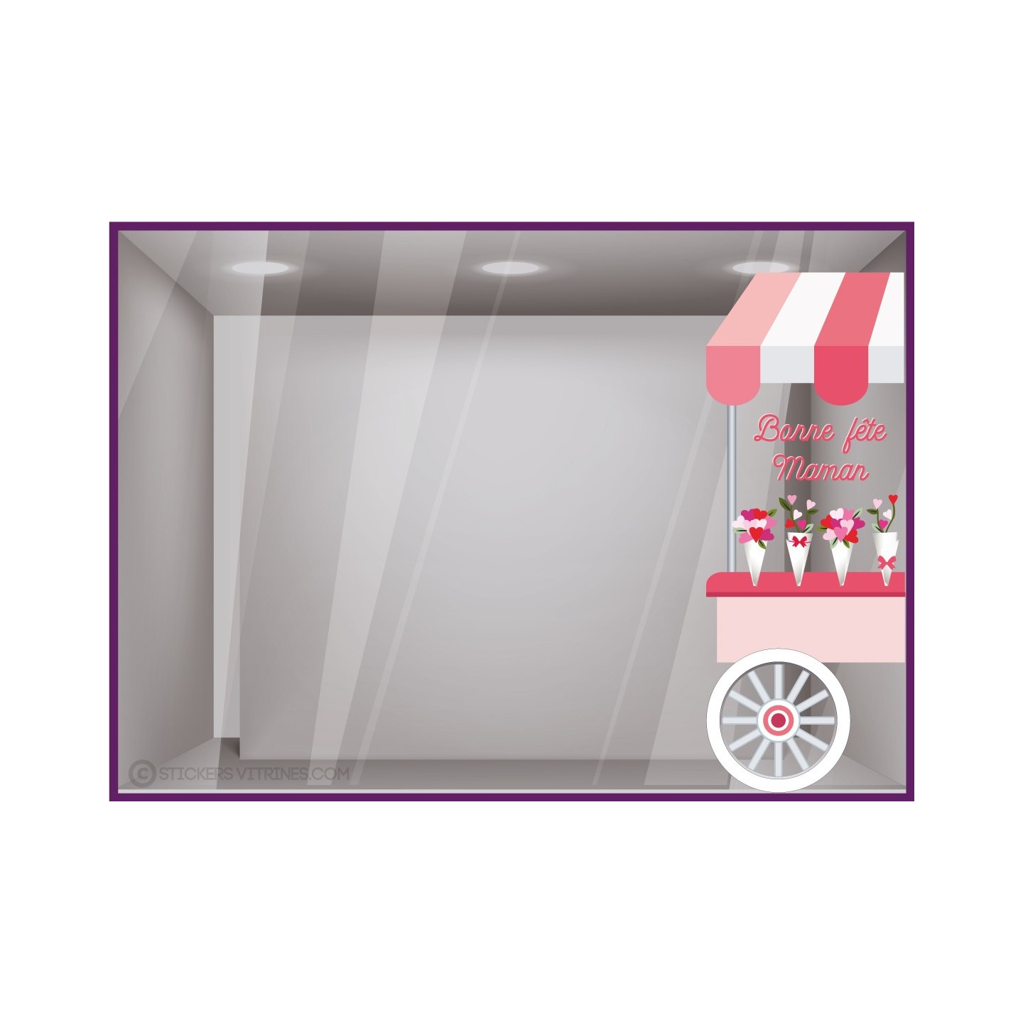 STICKER CHARIOT BONNE FETE MAMAN COEUR DECORATION VITRINE MAGASIN FOURNISSEUR VITROPHANIE