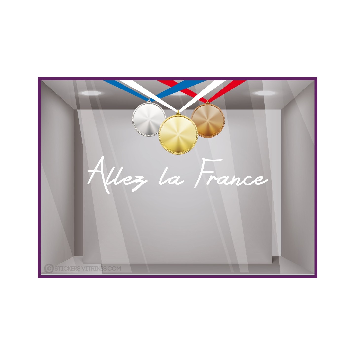 Vitrophanie-Vitrine-Sticker-medaille sportif-Devanture-Magasin-Allez la France-Autocollant-Lettrage adhesif-JEUX OLYMPIQUES
