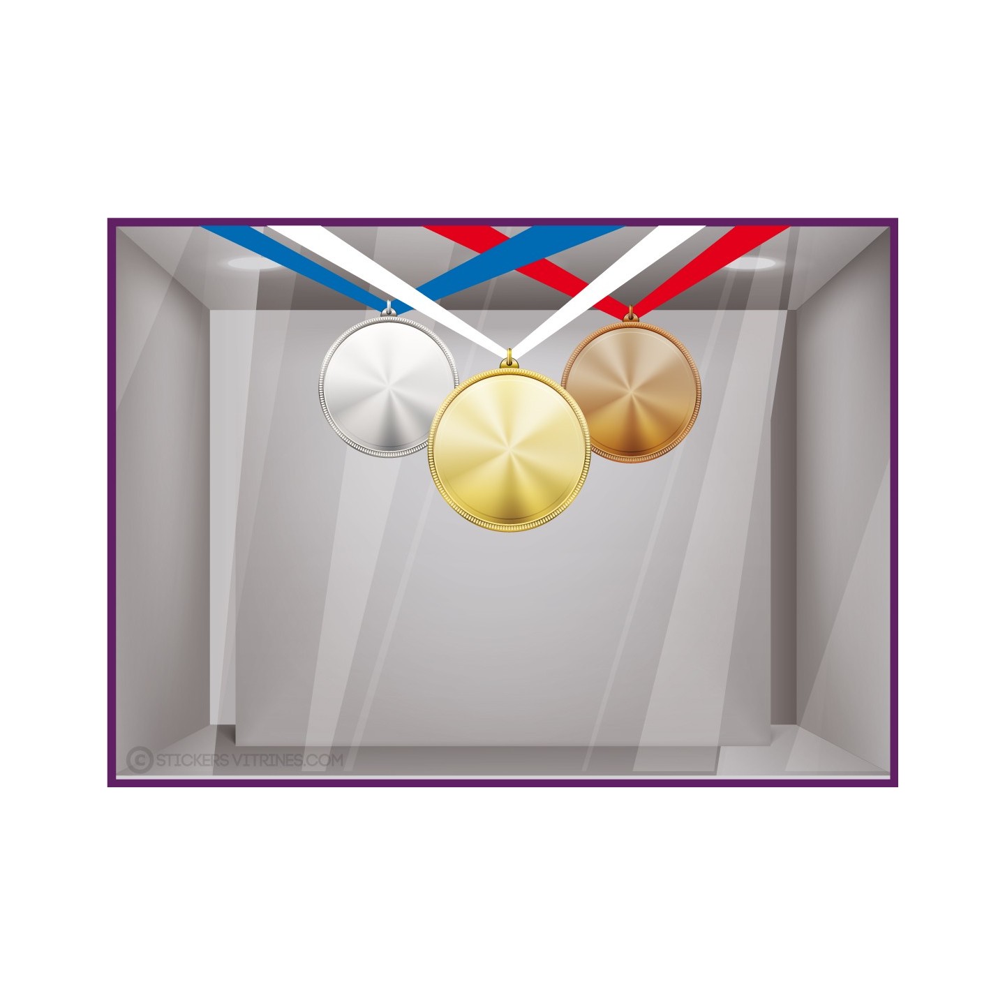 STICKER VITROPHANIE MEDAILLES OR ARGENT BRONZE VITROPHANIE MAGASIN DECORATION JEUX OLYMPIQUES COUPE DU MONDE BLEU BLANC ROUGE