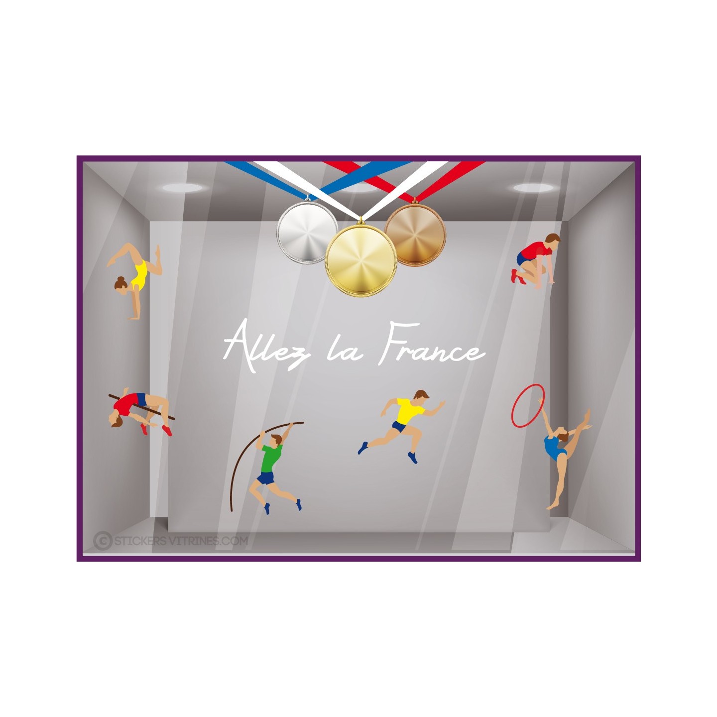 Autocollant Publicitaire-Jeux Olympiques-Vitrophanie-Anneaux-Magasin-Lettrage adhesif-Sport-athlete-allez la france-sticker