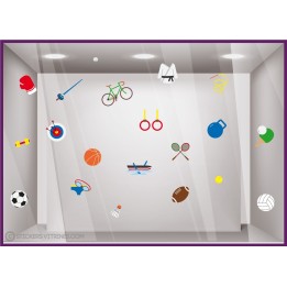 STICKERS VITRINES MAGASIN SPORT BALLON ESCRIME RAQUETTE JEUX OLYMPIQUE GYMNASTIQUE HALTERES
