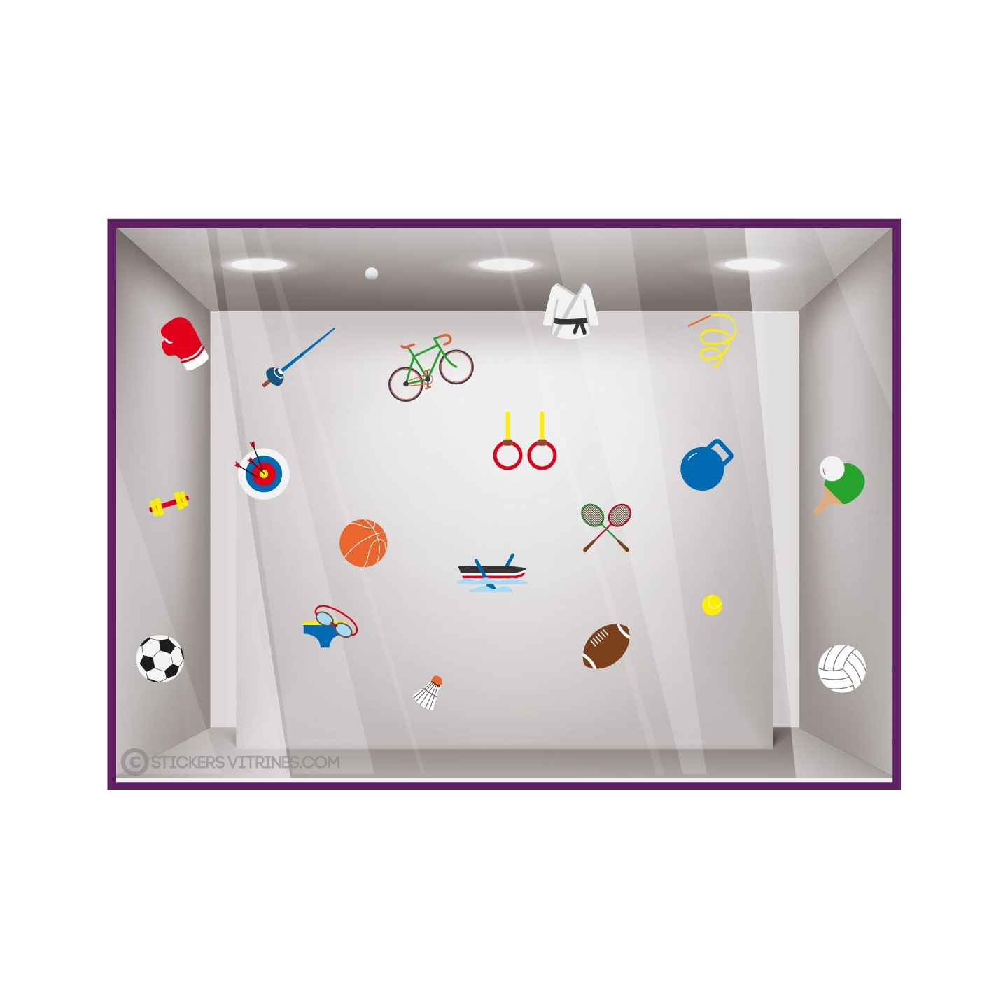 STICKERS VITRINES MAGASIN SPORT BALLON ESCRIME RAQUETTE JEUX OLYMPIQUE GYMNASTIQUE HALTERES