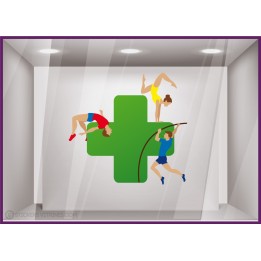 STICKER CROIX DE PHARMACIE ATHLETES DE SPORT JEUX OLYMPIQUES VITROPHANIE GYMNASTIQUE VITRINE MAGASIN FOURNISSEUR