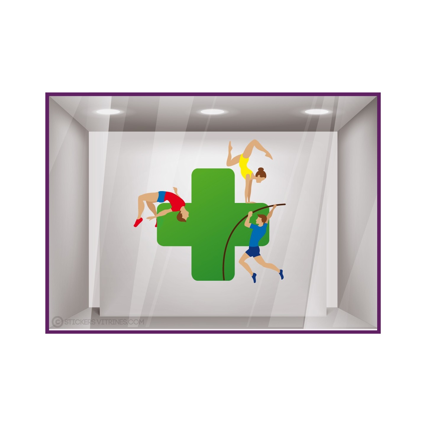 STICKER CROIX DE PHARMACIE ATHLETES DE SPORT JEUX OLYMPIQUES VITROPHANIE GYMNASTIQUE VITRINE MAGASIN FOURNISSEUR