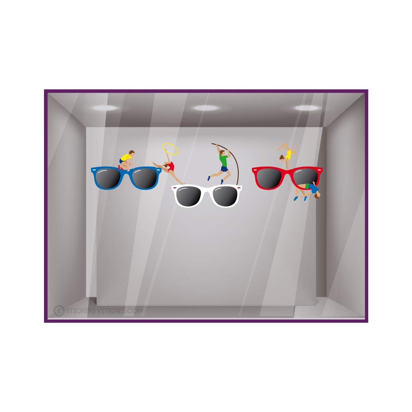 STICKER LUNETTES ATHLETES DE SPORT JEUX OLYMPIQUES MAGASIN D'OPTIQUE OPTICIEN IDEE DECORATION VITRINE