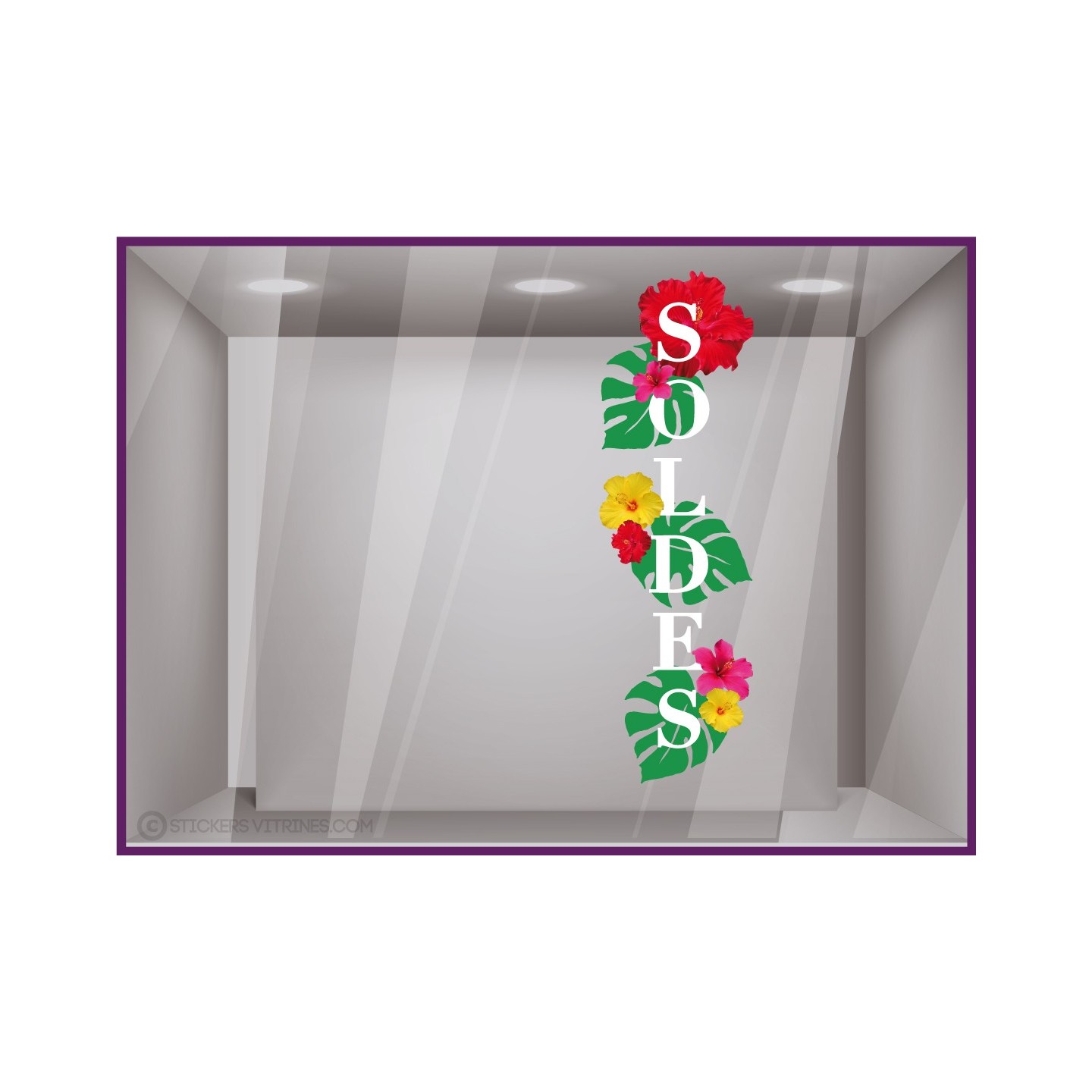 STICKER SOLDES VERTICAL FLEURS EXOTIQUE VITROPHANIE MAGASIN BOUTIQUE FOURNISSEUR FABRICANT IMPRIMEUR VITRINE