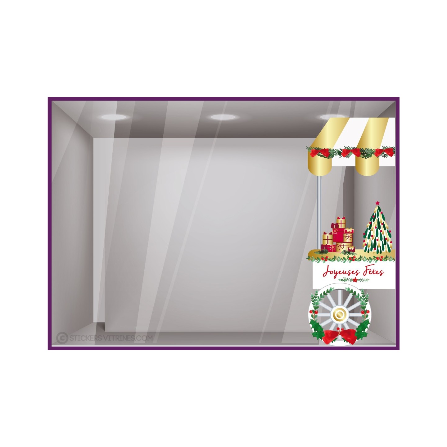 STICKER VITROPHANIE CHARIOT DE NOEL CADEAU SAPIN HOUX COURONNE VITRINE MAGASIN FABRICANT FOURNISSEUR