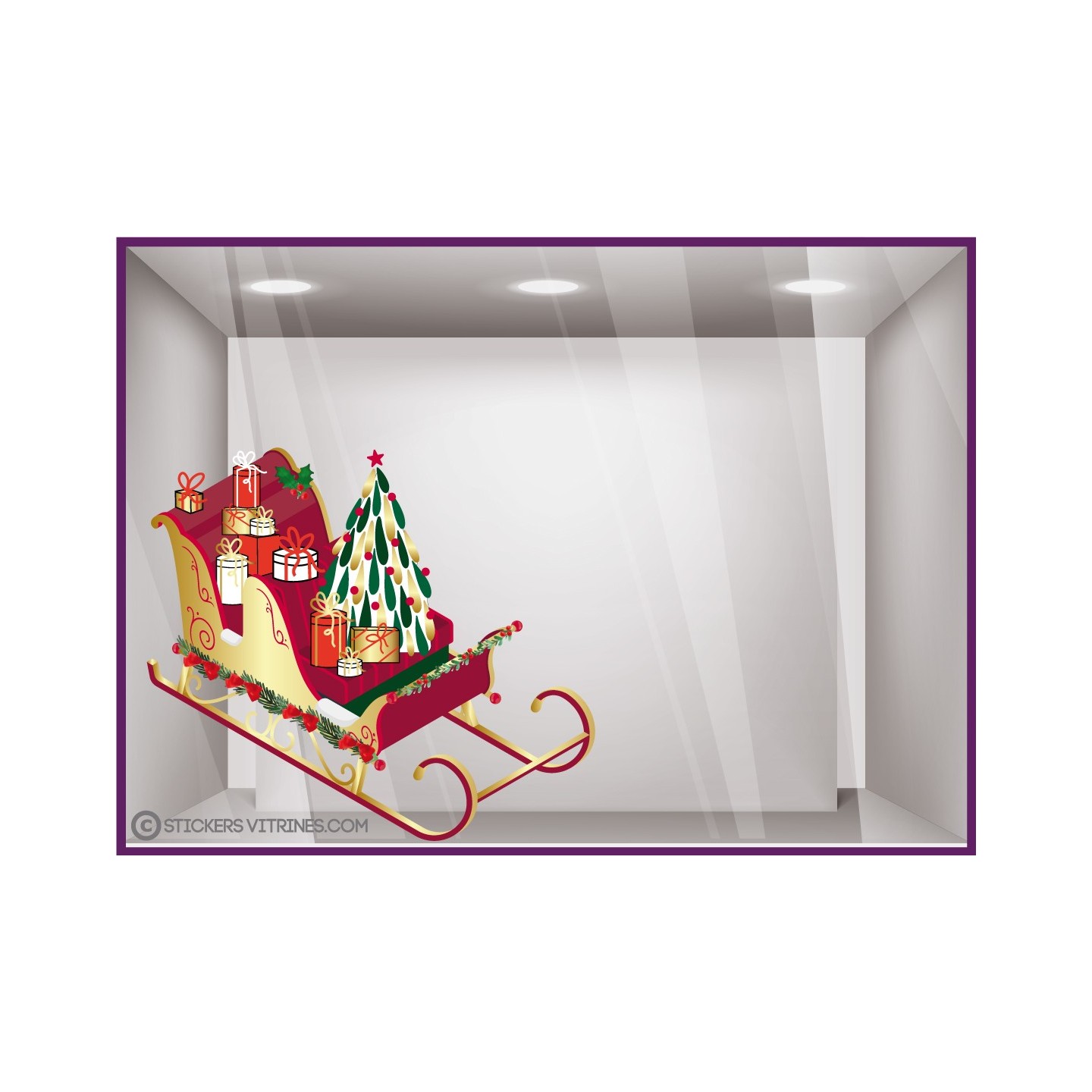 STICKER POUR VITRINE TRAINEAU DU PERE NOEL SAPIN CADEAUX CERF MAGASIN BOUTIQUE VITRE VITROPHANIE FOURNISSEUR FABRICANT