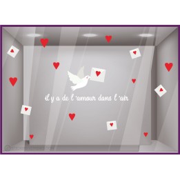 STICKER SAINT VALENTIN LETTRE COLOMBE IL Y A DE L AMOUR DANS L AIR VITROPHANIE MAGASIN IDEE DECORATION