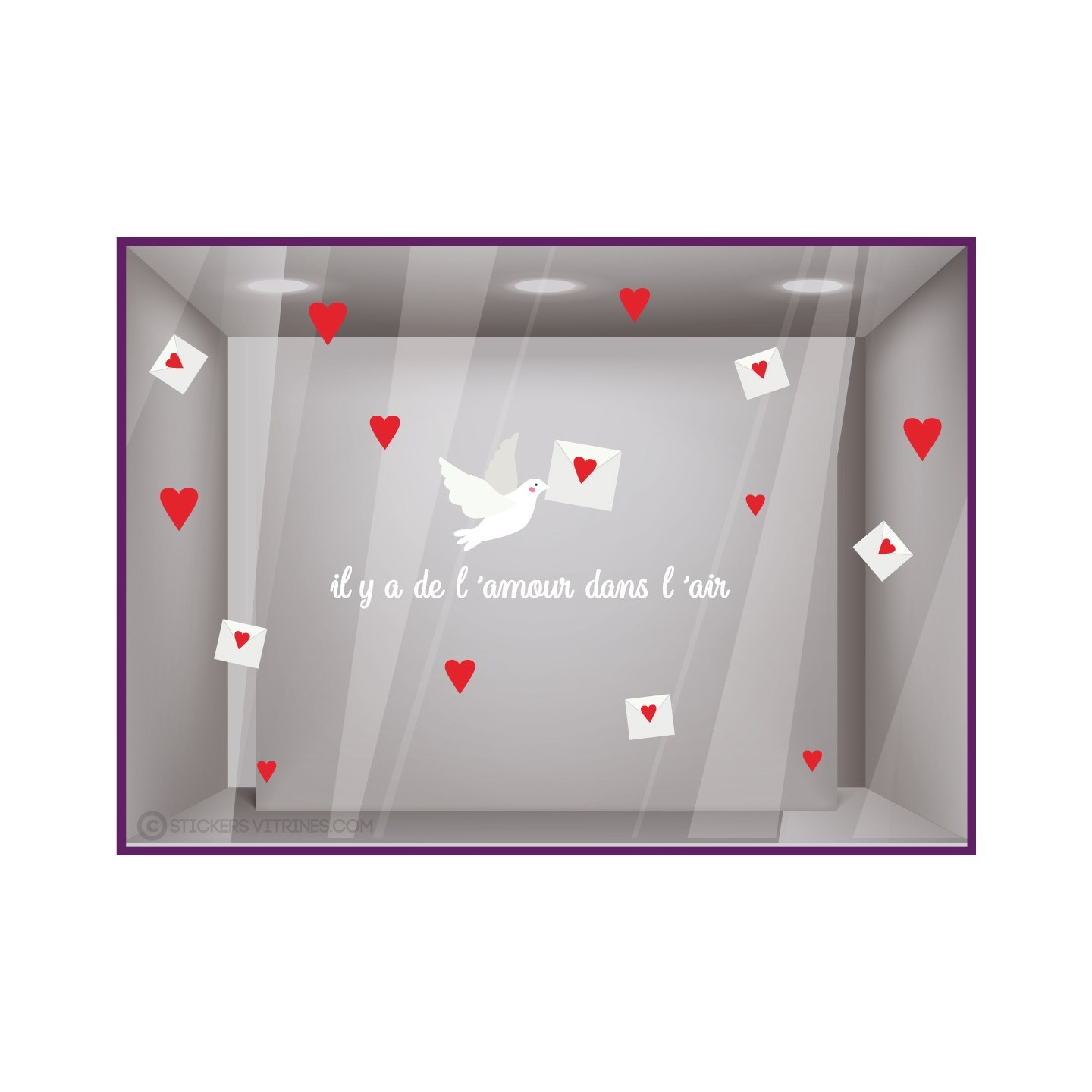 STICKER SAINT VALENTIN LETTRE COLOMBE IL Y A DE L AMOUR DANS L AIR VITROPHANIE MAGASIN IDEE DECORATION