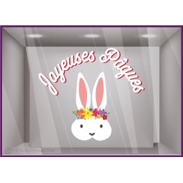 Déco de vitrine de magasin Pâques : Sticker Lapin couronne de fleurs