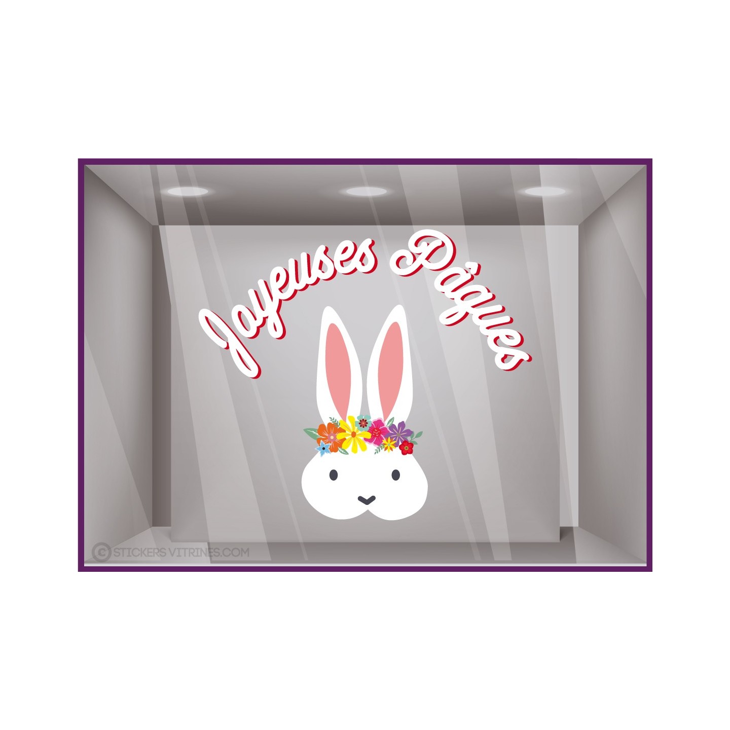 Déco de vitrine de magasin Pâques : Sticker Lapin couronne de fleurs