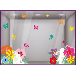 sticker joyeuses paques printemps lapin fleurs vitrophanie autocollant vitrine magasin decoration adhesif
