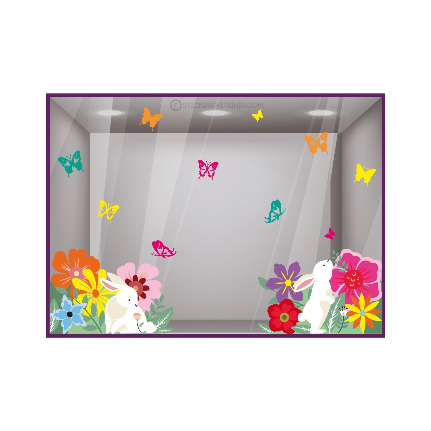 sticker joyeuses paques printemps lapin fleurs vitrophanie autocollant vitrine magasin decoration adhesif