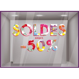 Sticker Soldes Fleurs: lettrage adhésif promotion pour vitrine magasin