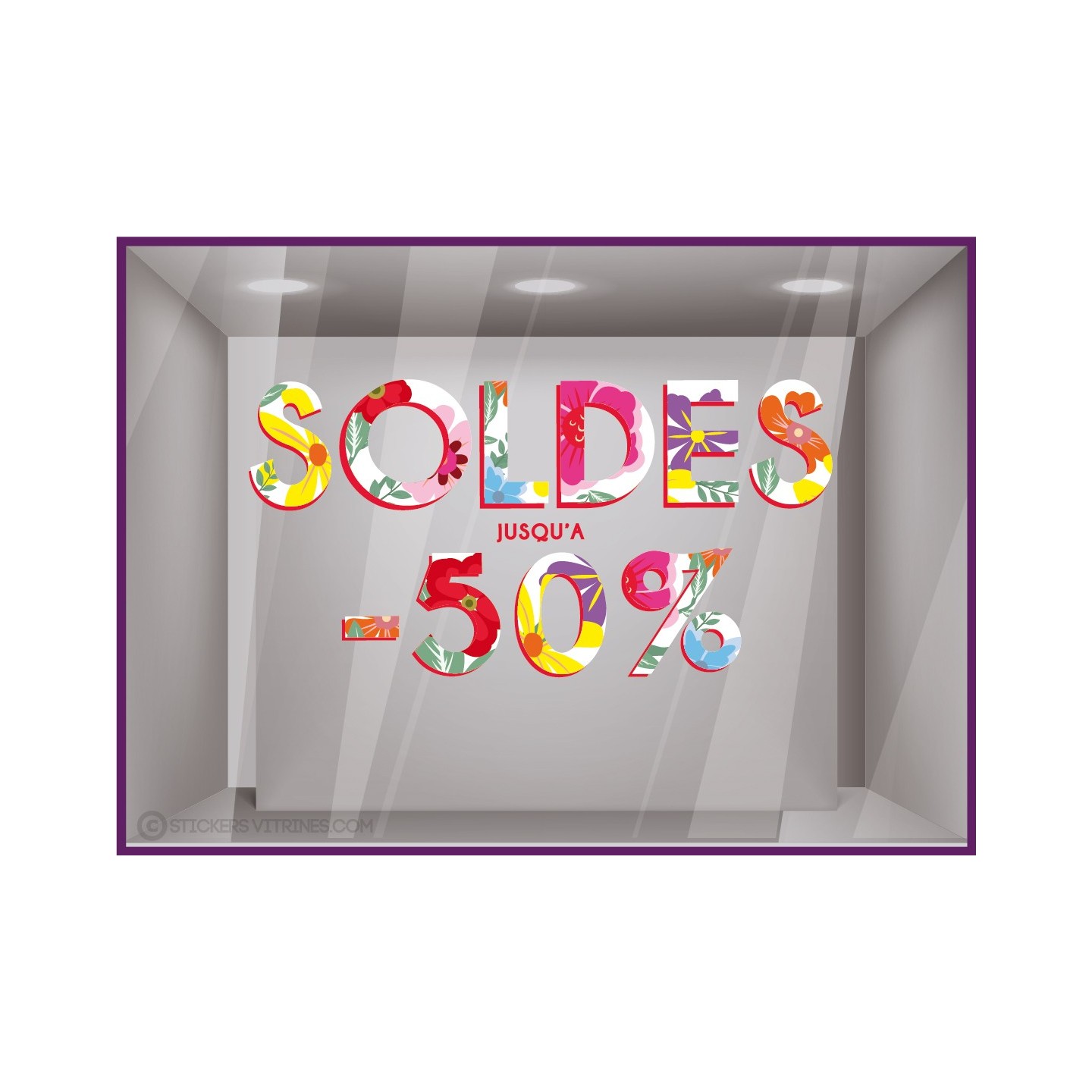 Sticker Soldes Fleurs: lettrage adhésif promotion pour vitrine magasin