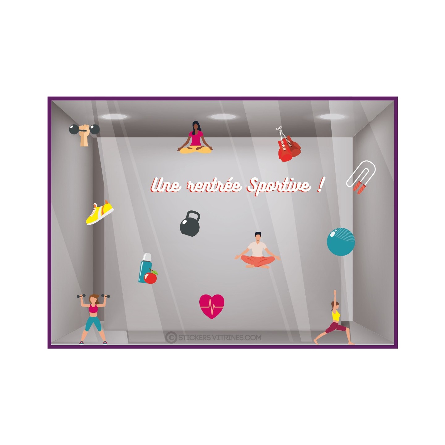 stickers vitrine magasin sport rentree sportive salle cours vitrophanie boutique autocollant lettrage adhésif idee decoration