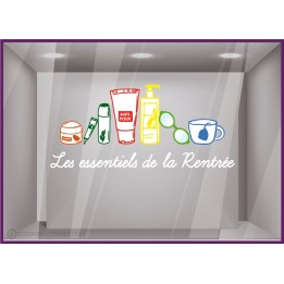STICKER LES ESSENTIELS DE LA RENTREE PHARMACIE COMMERCE ADHESIF VITRES IDEE DECORATION
