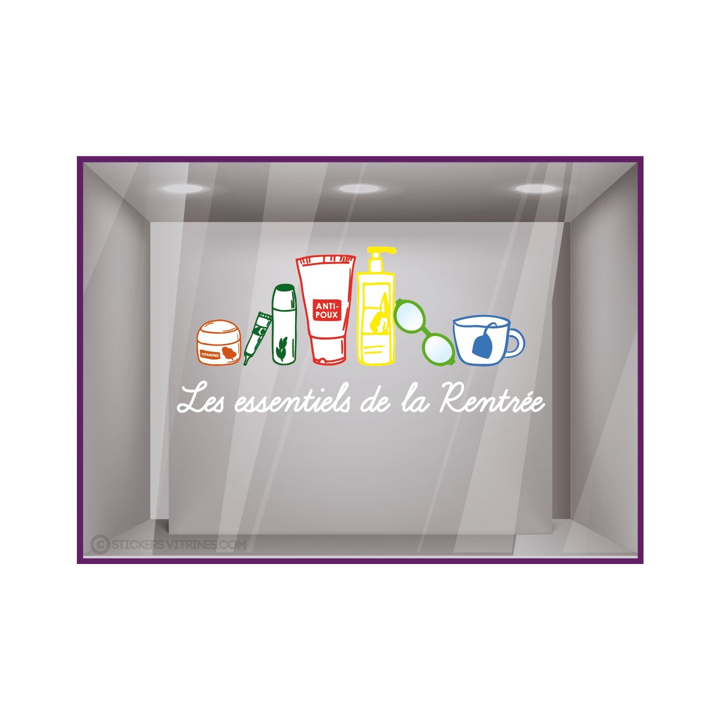 STICKER LES ESSENTIELS DE LA RENTREE PHARMACIE COMMERCE ADHESIF VITRES IDEE DECORATION