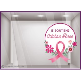 STICKER BADGE JE SOUTIENS OCTOBRE ROSE VITROPHANIE BOUTIQUE MAGASIN AUTOCOLLANT DECORATION RUBAN COEUR VITRINE