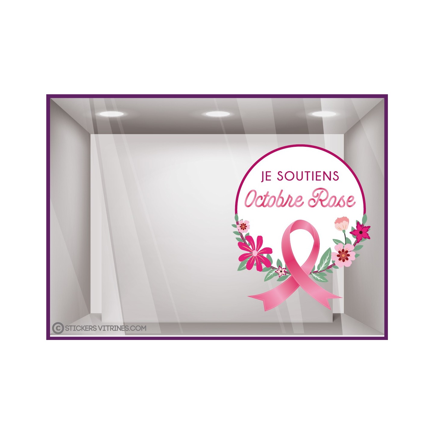 STICKER BADGE JE SOUTIENS OCTOBRE ROSE VITROPHANIE BOUTIQUE MAGASIN AUTOCOLLANT DECORATION RUBAN COEUR VITRINE