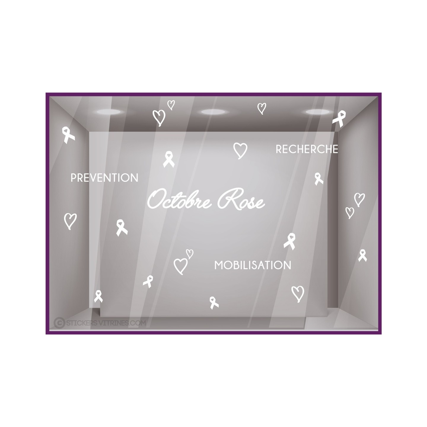 STICKER OCTOBRE ROSE RECHERCHE PREVENTION MOBILISATION COEUR RUBAN VITROPHANIE BOUTIQUE MAGASIN PHARMACIE SANTE