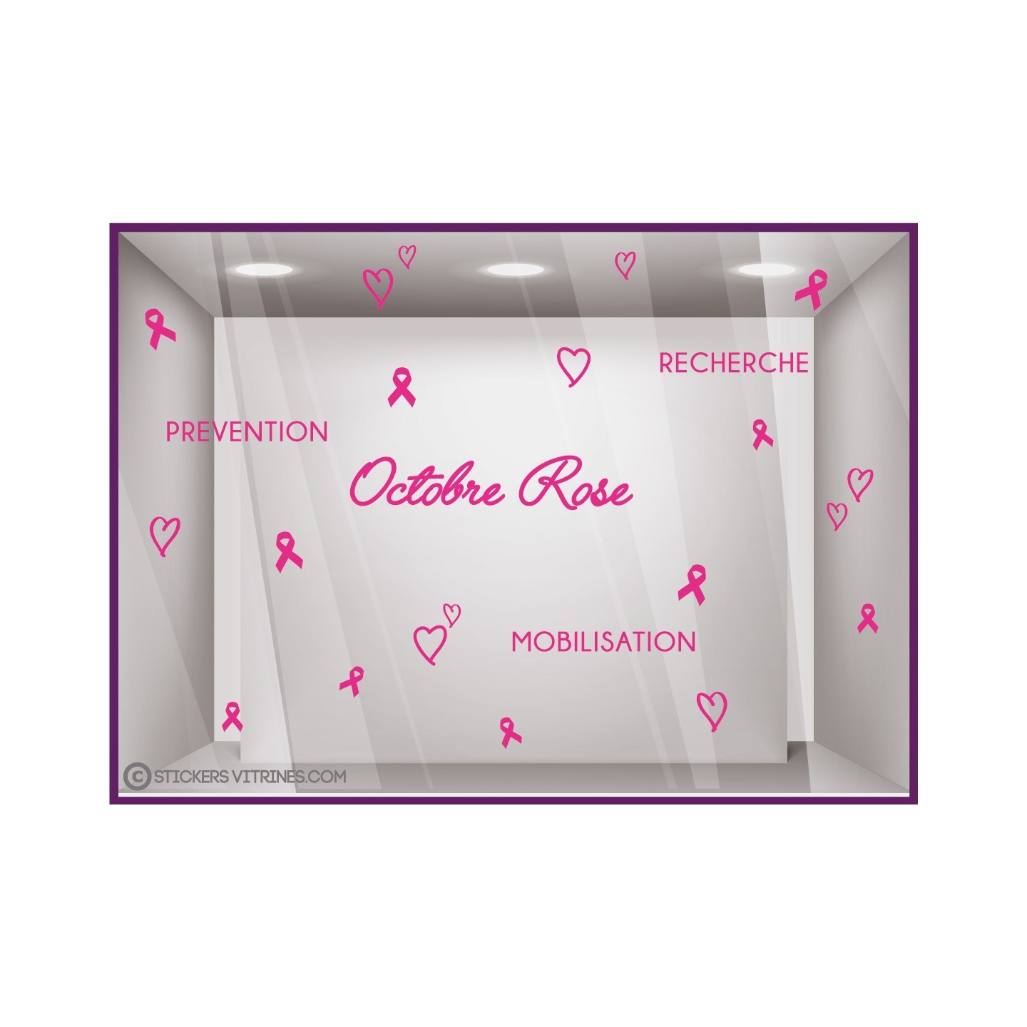 STICKER VITRINE RECHERCHE OCTOBRE ROSE MOBILISATION PREVENTION COEUR RUBAN VITROPHANIE BOUTIQUE LETTRAGE ADHESIF