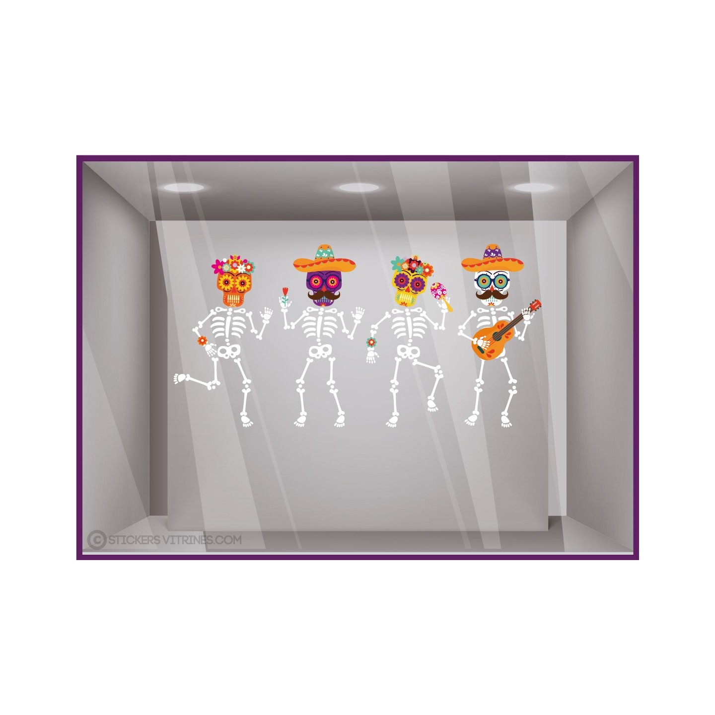 STICKERS HALLOWEEN SQUELETTE DIA DE LOS MUERTOS MEXIQUE VITROPHANIE MAGASIN VITRINE BOUTIQUE FABRICANT