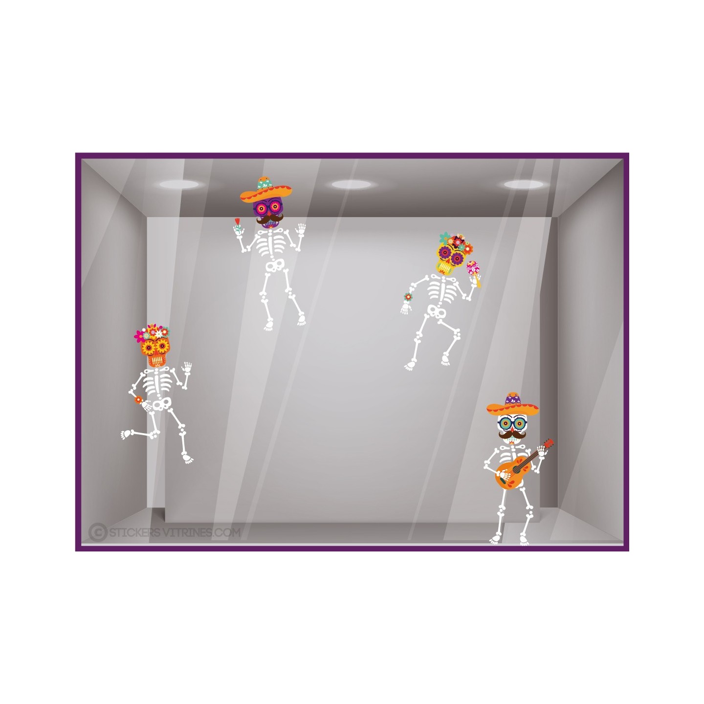 STICKER VITROPHANIE HALLOWEEN SQUELETTE DIA DE LOS MUERTOS FLEUR VITRINE MAGASIN BOUTIQUE COMMERCE DECORATION IDEE FOURNISSEUR