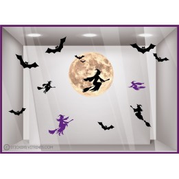 STICKERS HALLOWEEN LUNE SORCIERE CHAUVE SOURIS VITRINE MAGASIN VITROPHANIE FABRICANT PAS CHER