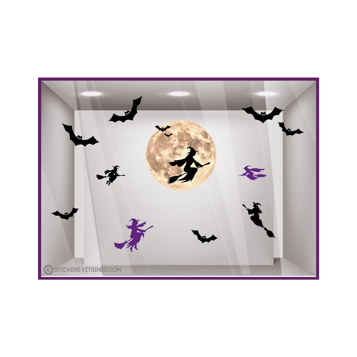 STICKERS HALLOWEEN LUNE SORCIERE CHAUVE SOURIS VITRINE MAGASIN VITROPHANIE FABRICANT PAS CHER