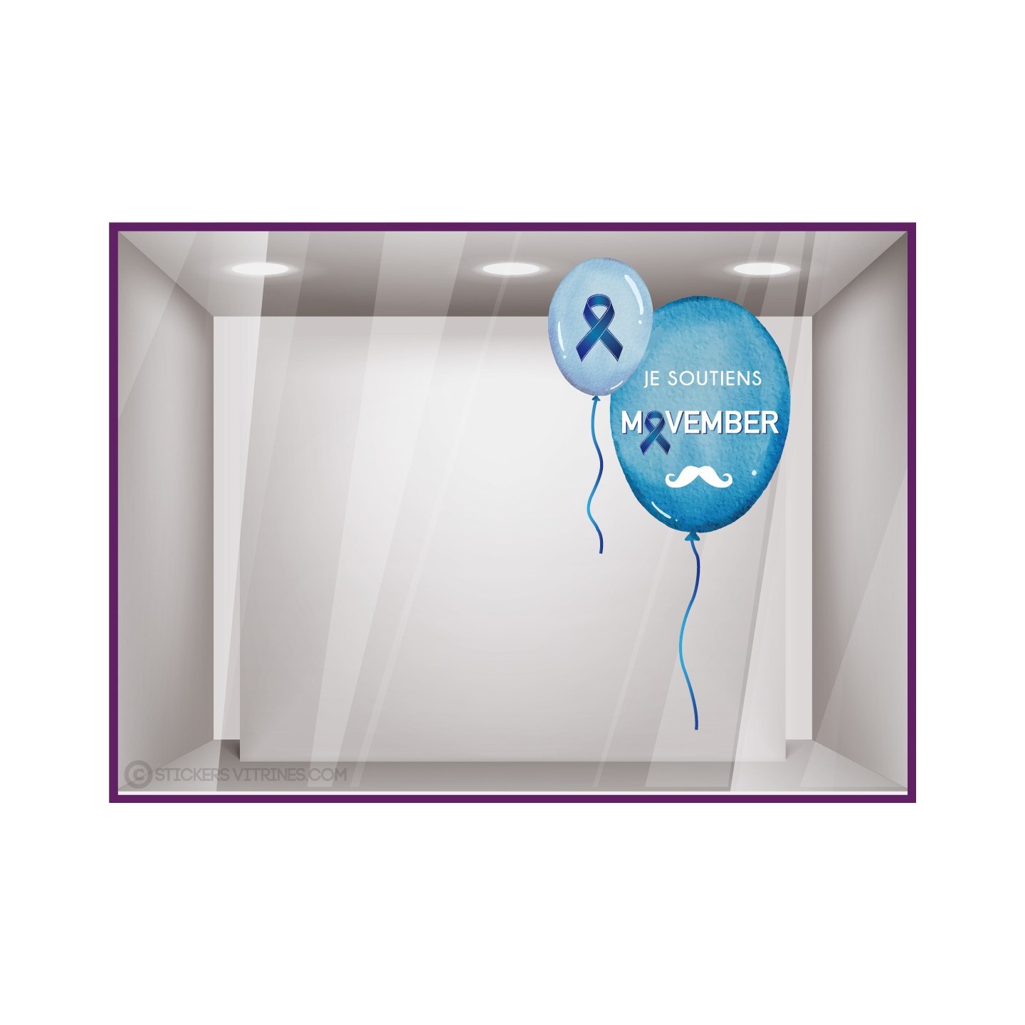 STICKER MOVEMBER BALLON MOUSTACHE VITROPHANIE RUBAN BLEU MAGASIN BOUTIQUE PHARMACIE