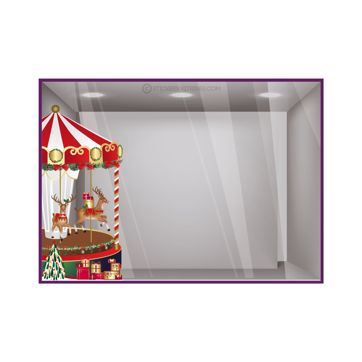 STICKER MANEGE DE NOEL COURROUSEL CERF SAPIN CADEAU VITRINE MAGASIN VITROPHANIE AUTOCOLLANT BOUTIQUE