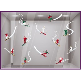 STICKER SKI SKIEUR SURFEUR MONTAGNE NEIGE VITROPHANIE NOEL DECORATION MAGASIN HIVER BOUTIQUE