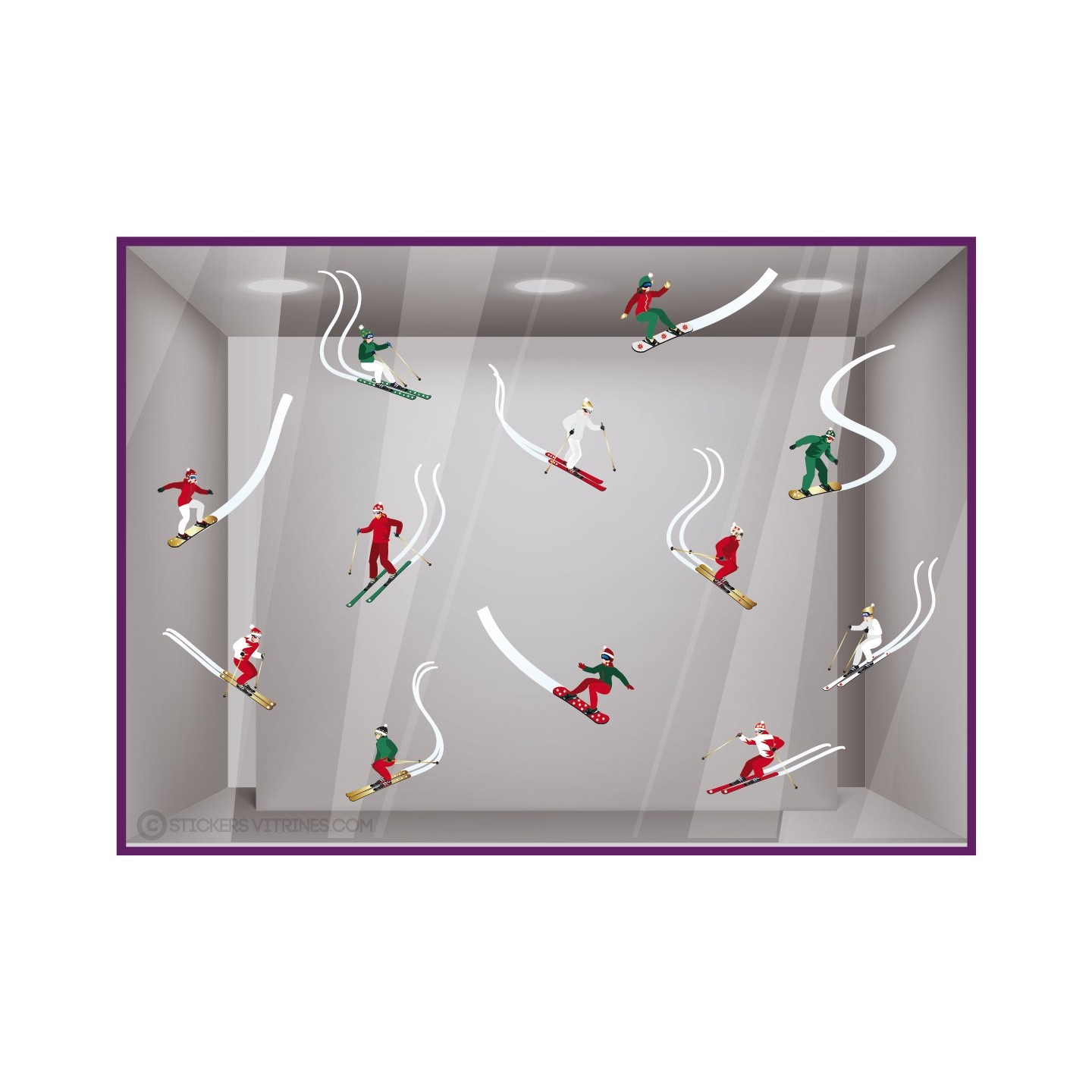 STICKER SKI SKIEUR SURFEUR MONTAGNE NEIGE VITROPHANIE NOEL DECORATION MAGASIN HIVER BOUTIQUE