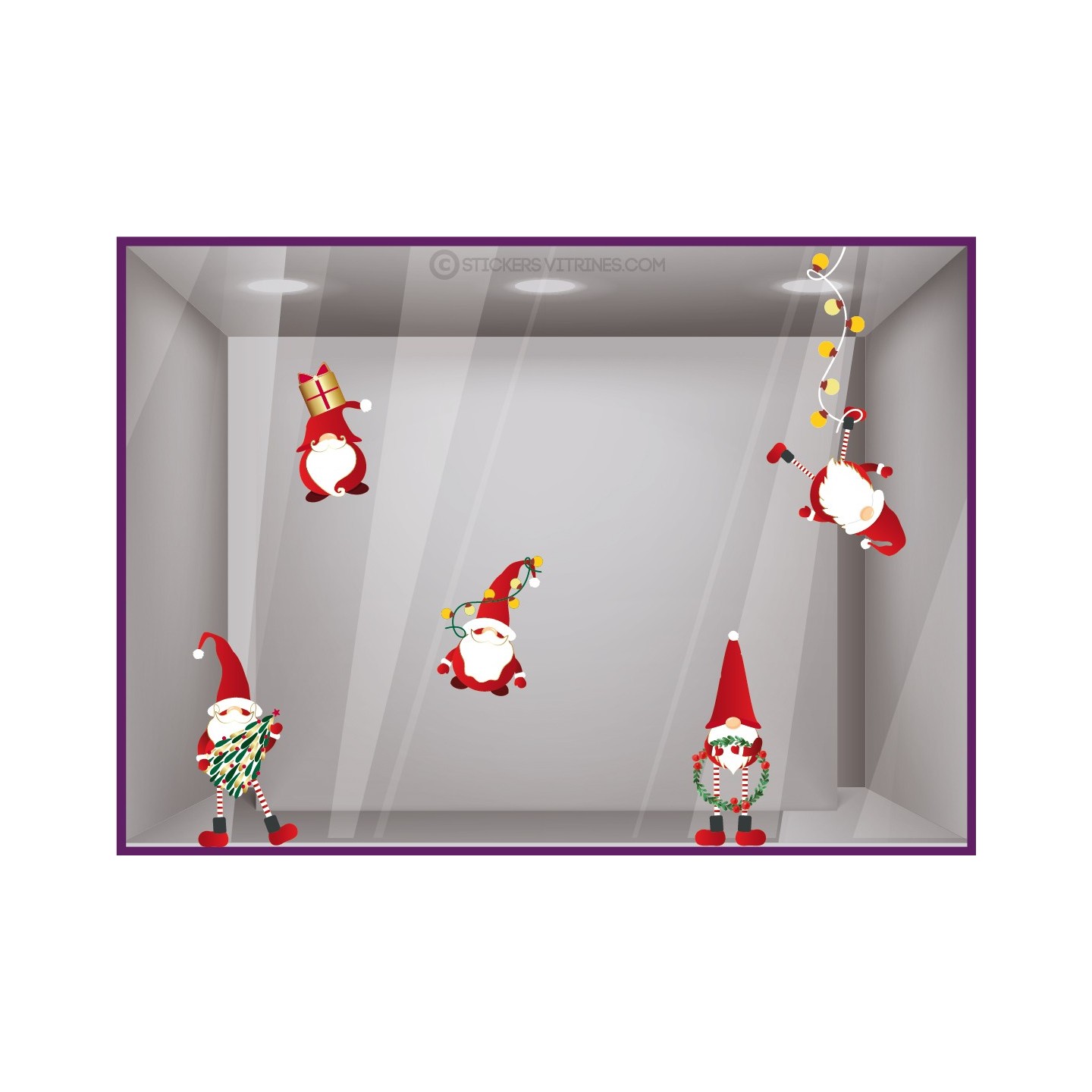 STICKER LUTIN PERE NOEL DECORATION GUIRLANDE CADEAU COURONNE MAGASIN BOUTIQUE VITROPHANIE VITRINE