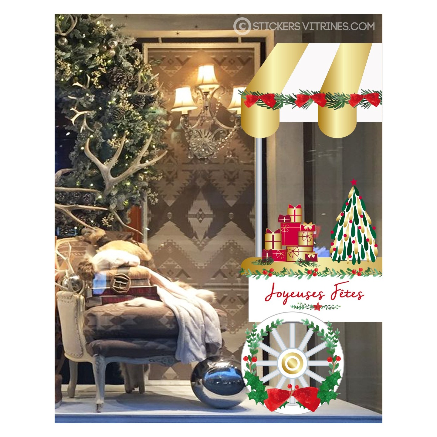 STICKER CHARIOT DE NOEL CADEAUX SAPIN GUIRLANDE VITROPHANIES VITRINES BOUTIQUE MAGASIN FOURNISSEUR IDEE DECORATION