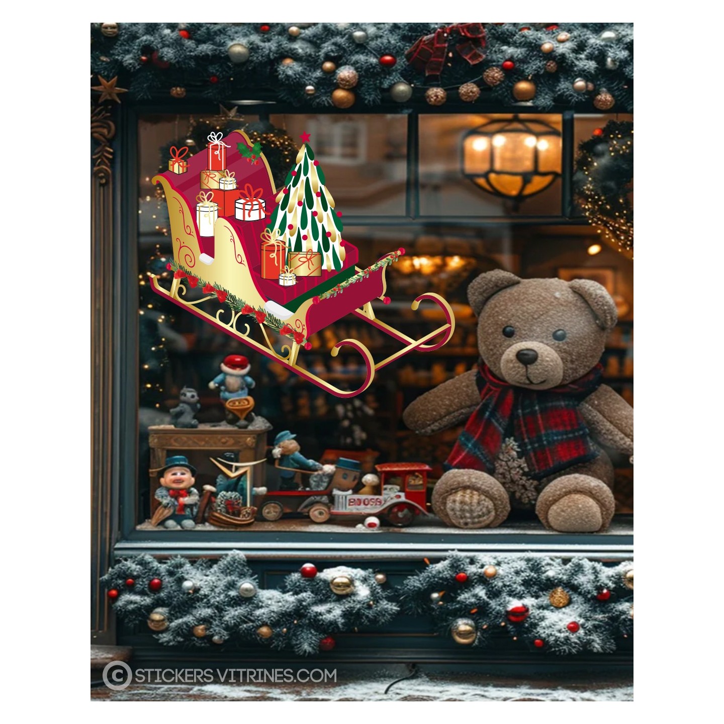 STICKER TRAINEAU DU PERE NOEL SAPIN CADEAU IDEE DECORATION VITRINE MAGASIN PAS CHER VITROPHANIE IMPRIMEUR