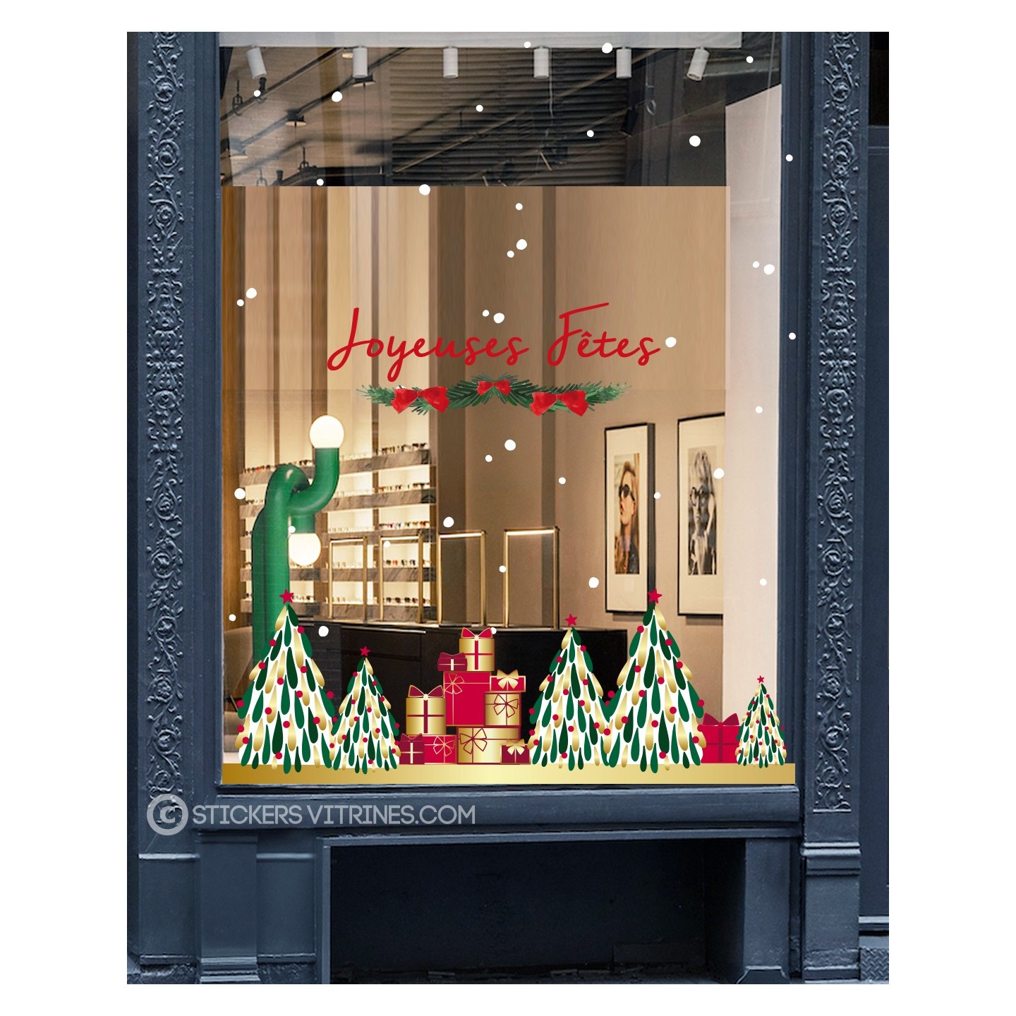 STICKER FRISE CADEAUX SAPIN VITROPHANIES AUTOCOLLANT GEANT PAS CHER JOYEUSES FETES GUIRLANDE MAGASIN BOUTIQUE IMPRIMEUR