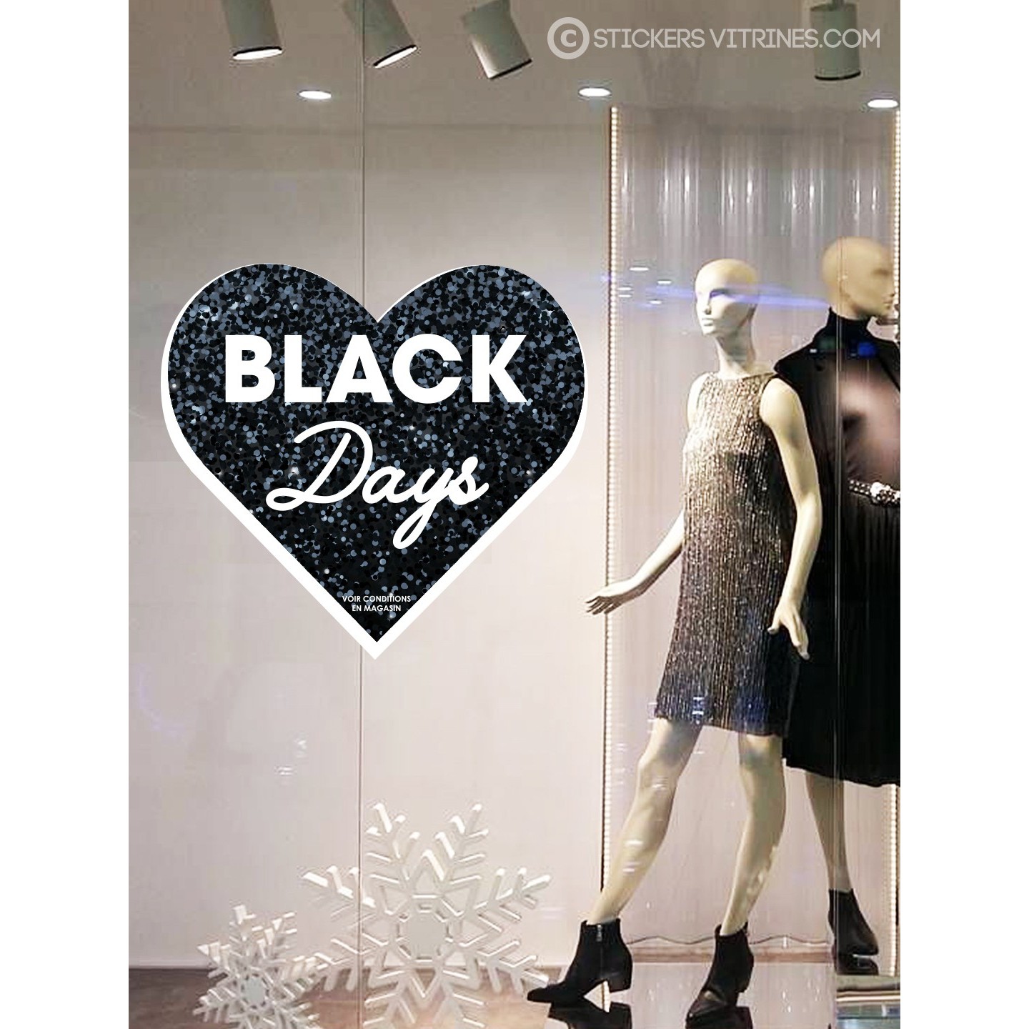 STICKER COEUR BLACK DAYS PAILLETTE VITROPHANIE MAGASIN BOUTIQUE FRIDAY IDEE DECORATION IMPRIMEUR FABRICANT