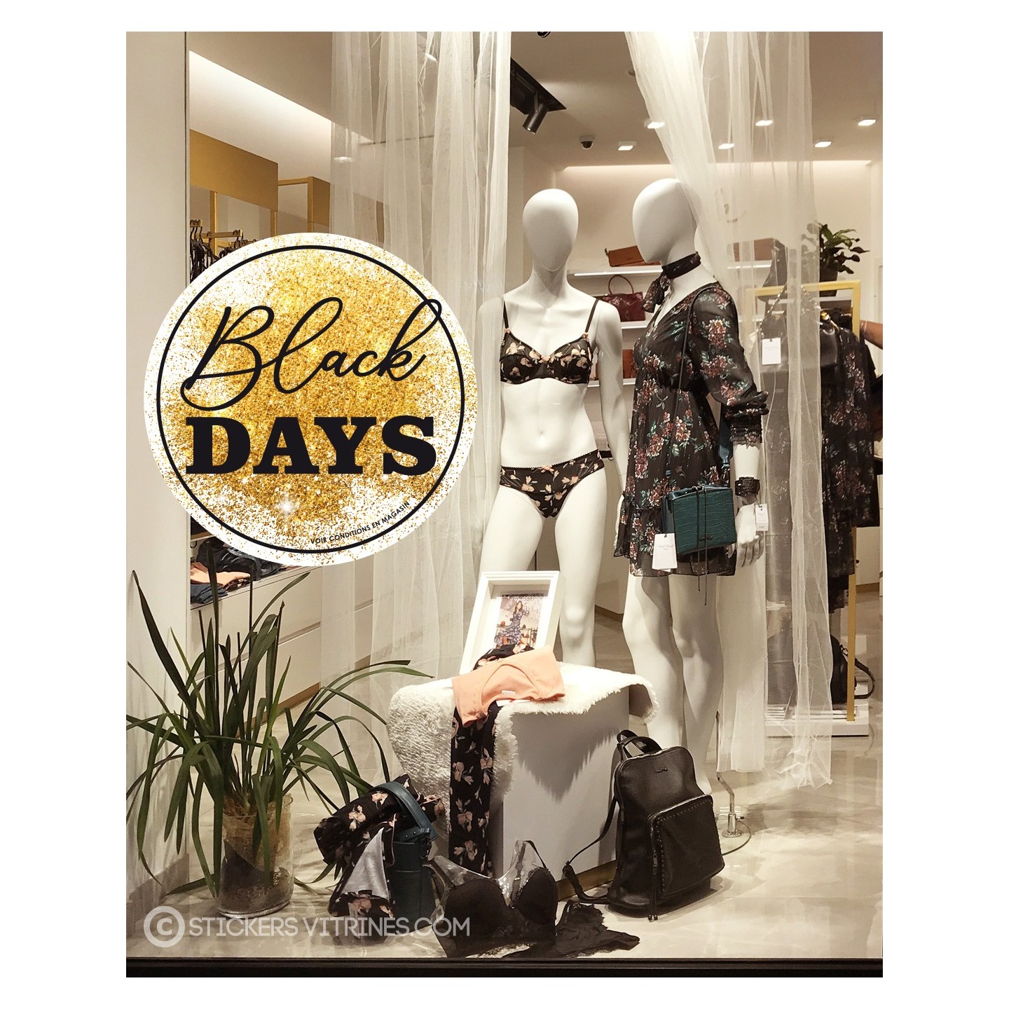 Autocollant de Vitrine Promos : Sticker Badge Rond Black Days Pailleté