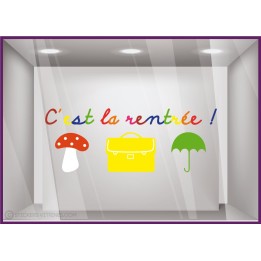 Sticker C'est la Rentree Cartable champignon parapluie magasin enfant boutique maroquinerie vitrine calicot mode