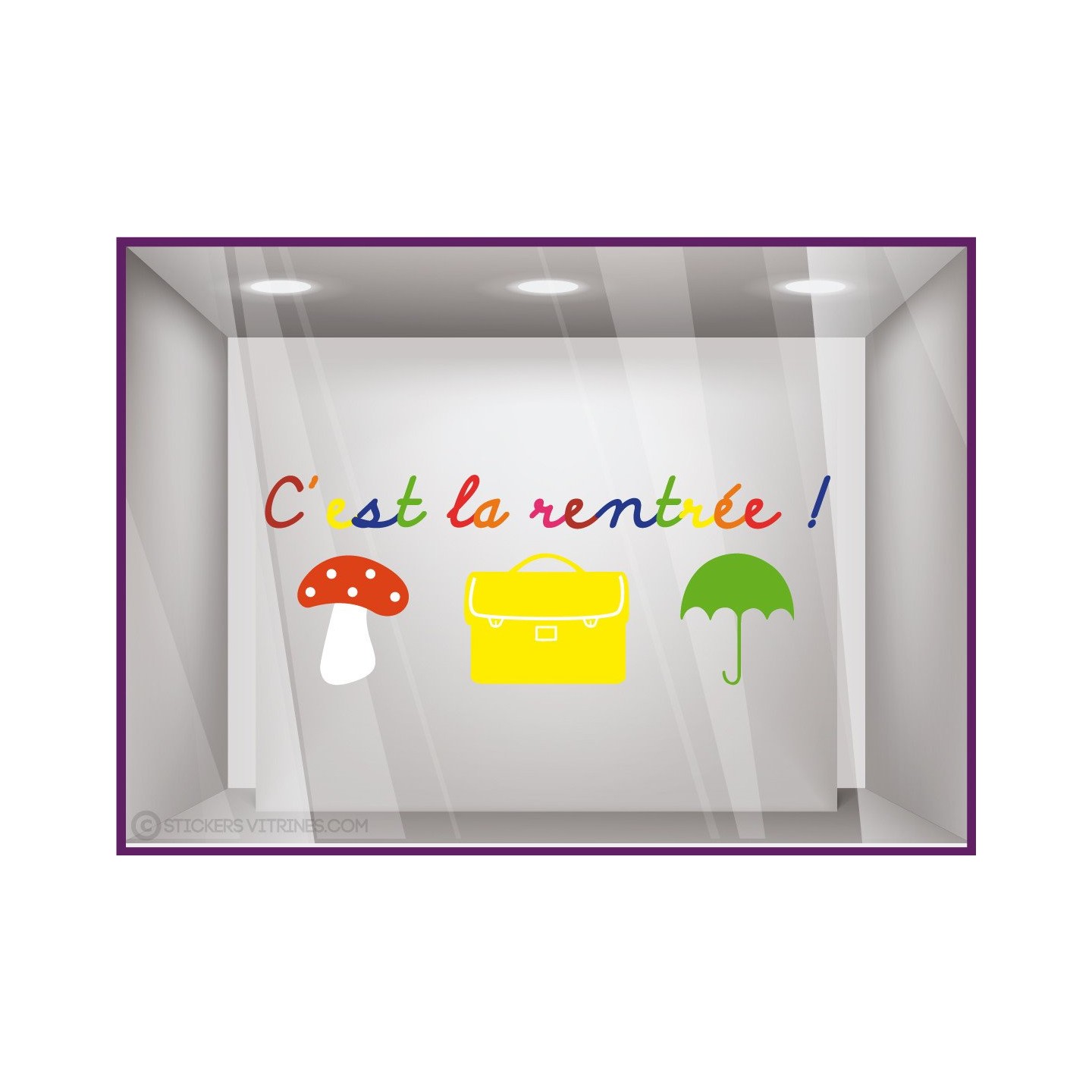 Sticker C'est la Rentree Cartable champignon parapluie magasin enfant boutique maroquinerie vitrine calicot mode