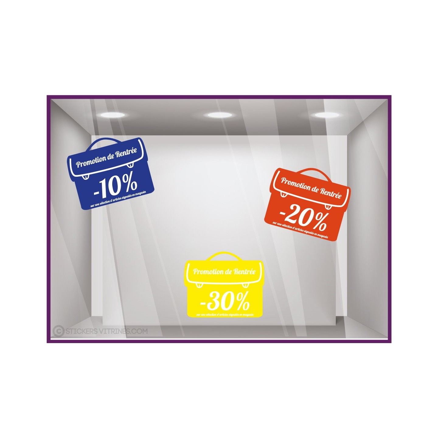 Kit Stickers 3 Cartables Promotion de Rentree papeterie librairie maroquinerie mode magasin devanture enfant