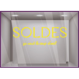 STICKER VITROPHANIE SOLDES OPTICIEN OEIL LETTRAGE AHESIF VITRINE MAGASIN FABRICANT