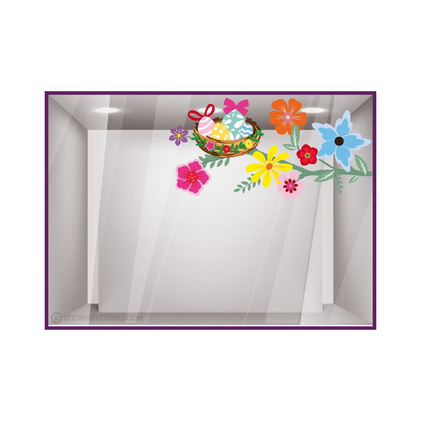 Idée décoration vitrine de Pâques : Sticker Branche de fleurs et Nid